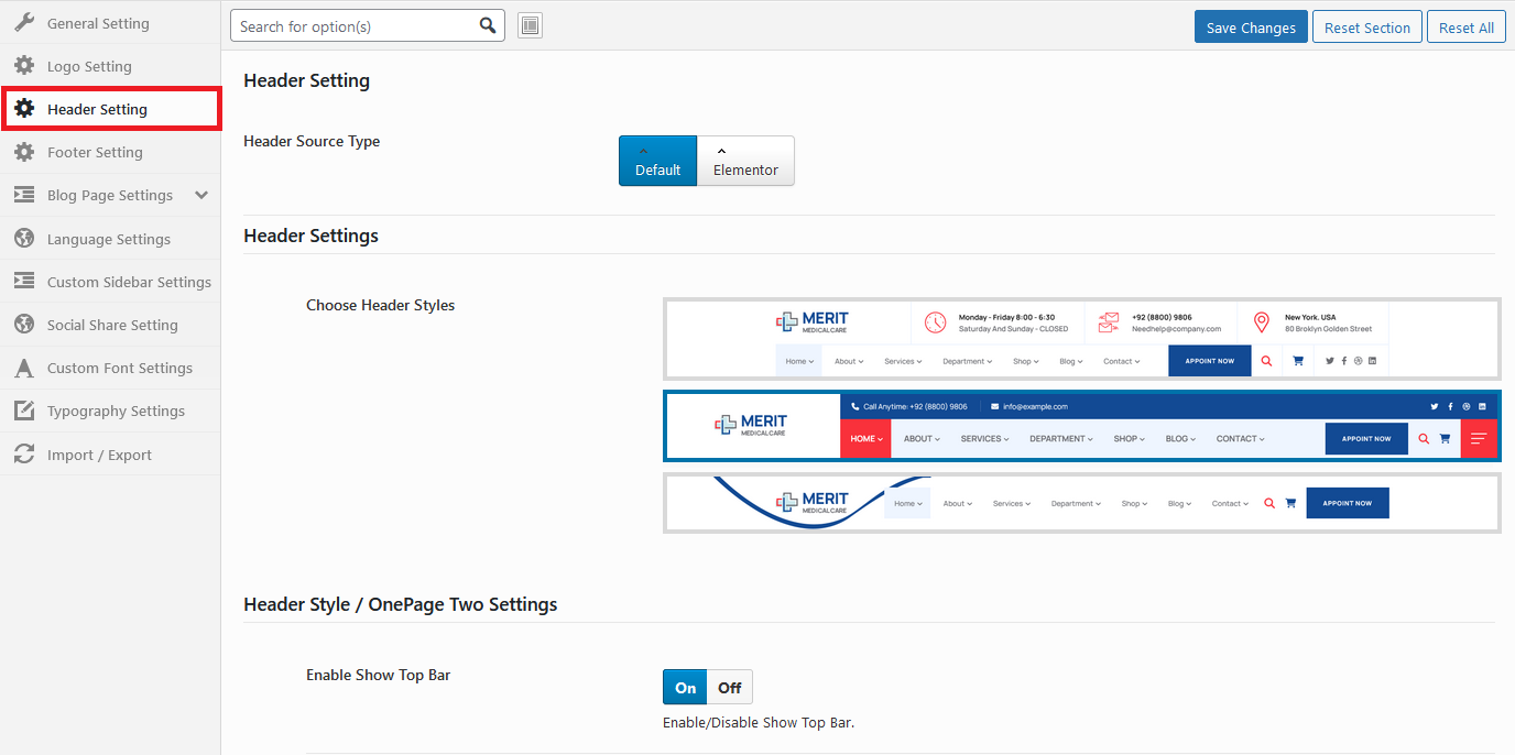 MERIT Options - Header Admin